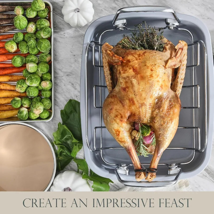Nonstick Turkey Roasting Pan with Rack 17 x 14 inch Large Chicken Roaster Pan for Oven Wider Handles and Heavy Duty Constructio