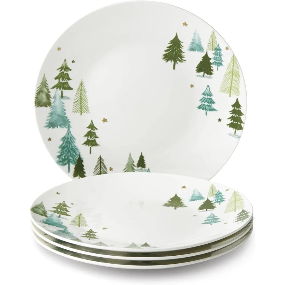 4-Piece Green Christmas Dinner Plate Set with Gold Accents, Dishwasher & Microwave Safe Porcelain