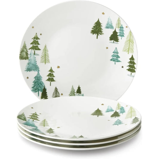 4-Piece Green Christmas Dinner Plate Set with Gold Accents, Dishwasher & Microwave Safe Porcelain