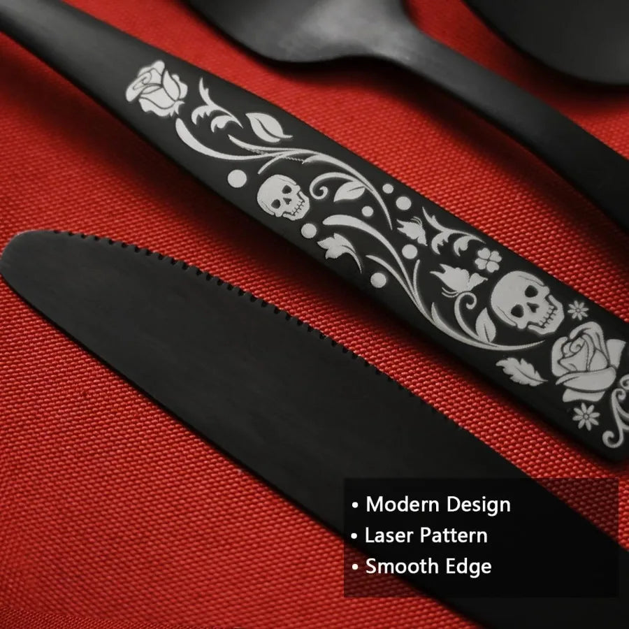 Matte Black Silverware Set 20 Piece For 4 Skull Rose Gothic