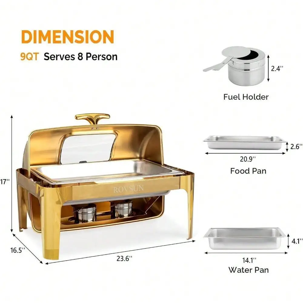 Gold 9QT Roll Top Chafing Dish Buffet Set Stainless Steel with Fuel Holder Home - Cooky Kitchenware