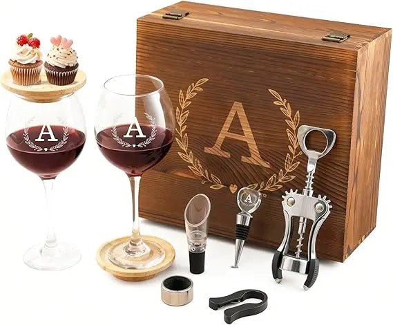 Personalized Initial Engraved Wine Glasses Set for Women - Mom's Birthday Gift, Monogrammed Wooden Christmas Wedding Present