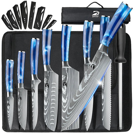 8pcs Kitchen Knife Set Damascus Stainless Steel Chef Utility Paring Boning Cleaver Slicing Santoku Knives with Nylon Bag - Cooky Kitchenware