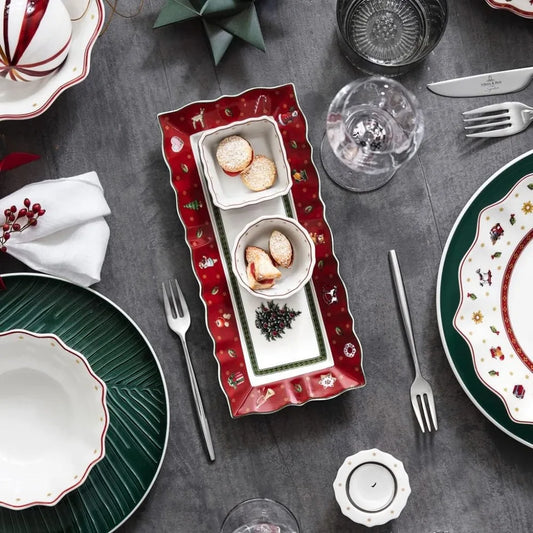 Christmas Dip Set with 3 Small Bowls and Tray, Premium Porcelain, Multicolored Design for Festive Serving