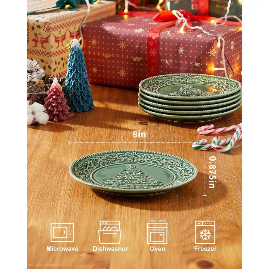 8 Inch Green Ceramic Christmas Tree Salad Plates Set for Holiday Meals Ideal for Pasta Side Dishes and Desserts Dishwasher and - Cooky Kitchenware