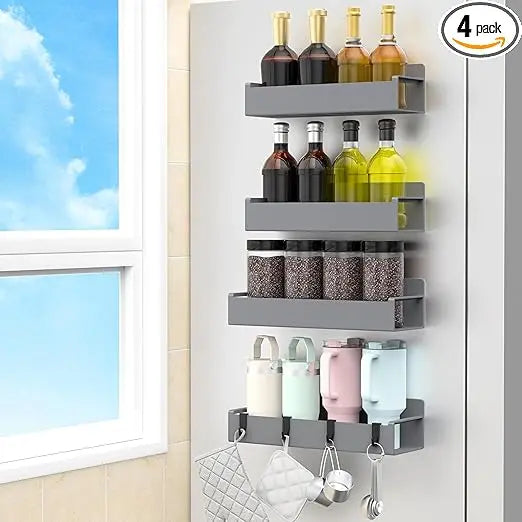4 Pack Magnetic Spice Rack Organizer for Refrigerator and Oven Black Fridge Organizers and Storage for Kitchen - Cooky Kitchenware