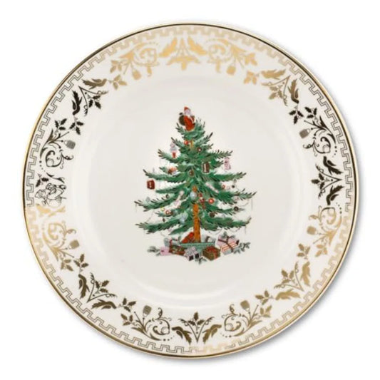Elegant 8Inch Gold Christmas Tree Porcelain Salad Plate for Festive Holiday Dining: Perfect Seasonal Appetizer Dinnerware Micro
