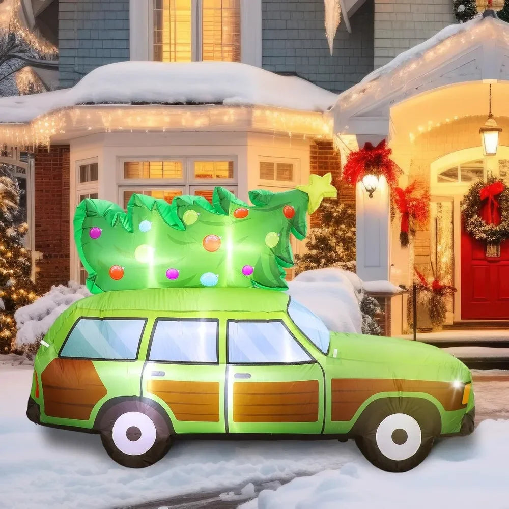 8-Foot Tall Outdoor Christmas Inflatable Wagon with LED Lights and Tree Decoration
