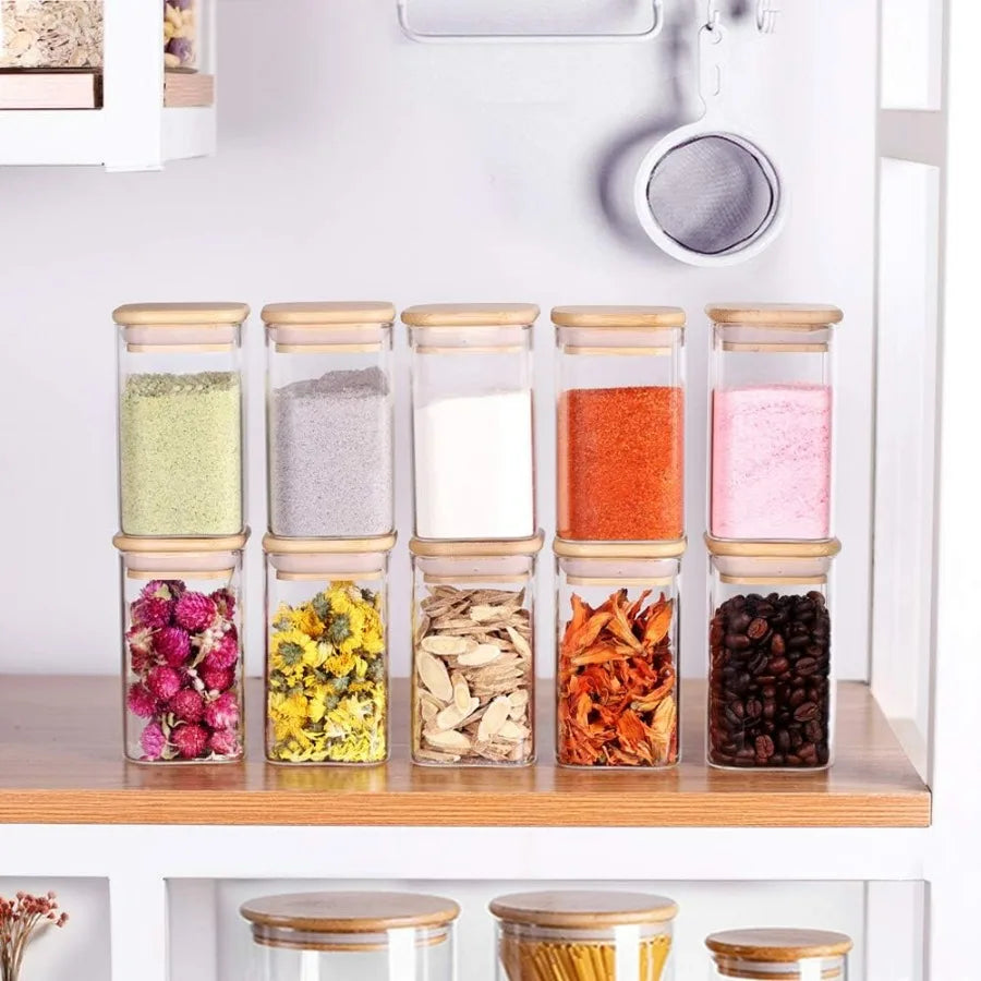 10 Pcs Glass Spice Jars 8oz Empty Square Spice Storage Containers with Bamboo Airtight Lid and Labels Thickened Small Glass Can