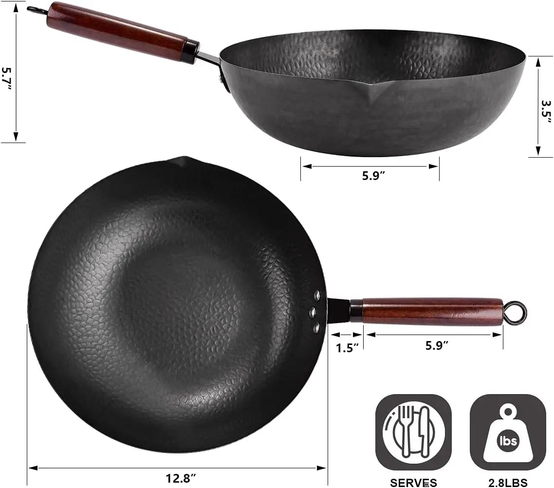 12.8" Carbon Steel Wok-11Pcs Woks & Stir Fry Pans Wok Pan with Lid, No Chemical Coated Chinese Wok with 10 Cookware Accessories - Cooky Kitchenware