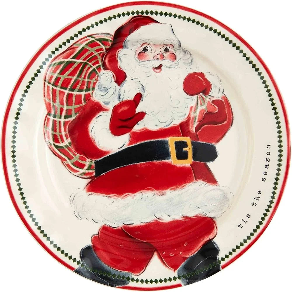Santa Salad Plate Christmas Gift 8 Inch Stoneware Dishwasher Safe Hand-Painted Rim Classic Santa Image Holiday Tableware