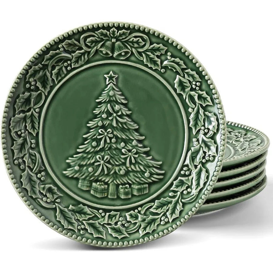 8 Inch Green Ceramic Christmas Tree Salad Plates Set for Holiday Meals Ideal for Pasta Side Dishes and Desserts Dishwasher and - Cooky Kitchenware