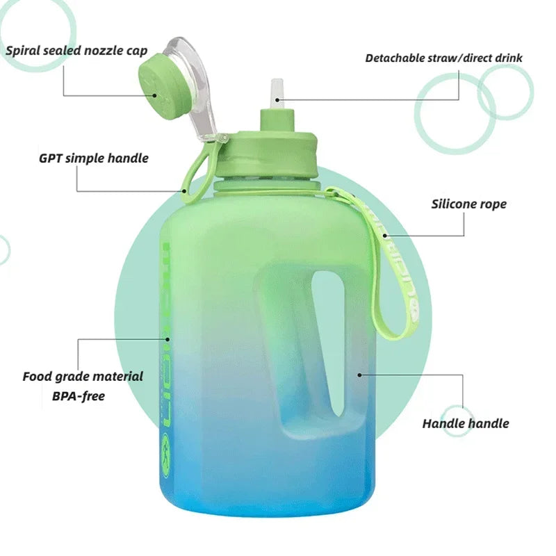 2L Sports Water Bottle with Straw, Large Capacity Gradient Kettle, Portable Plastic for Fitness & Outdoor