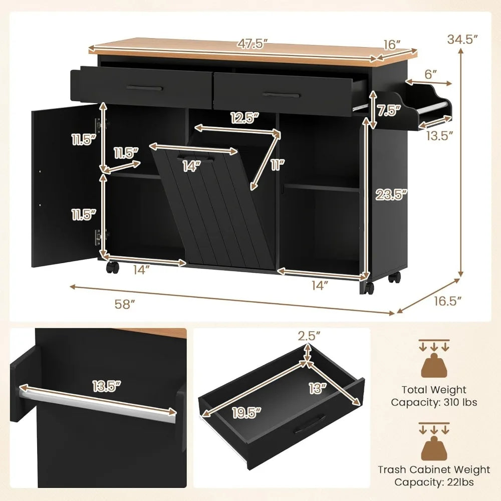 Kitchen Island Cart with Trash Bag Holder, Double Drawers, Spice Rack, Towel Bar, and Two Single-door Cabinets