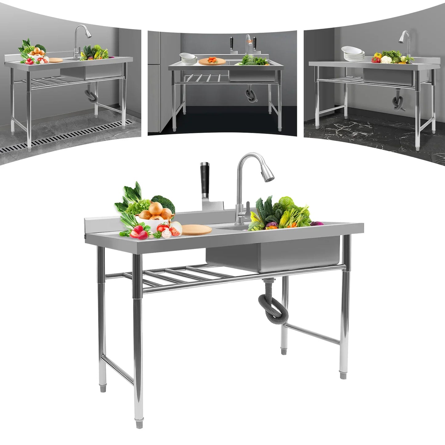 304 Stainless Steel Rectangle Sink,200kg Loading Commercial Kitchen Sink,120x60x80cm with Withdrawable Faucet,Sewer Pipe - Cooky Kitchenware