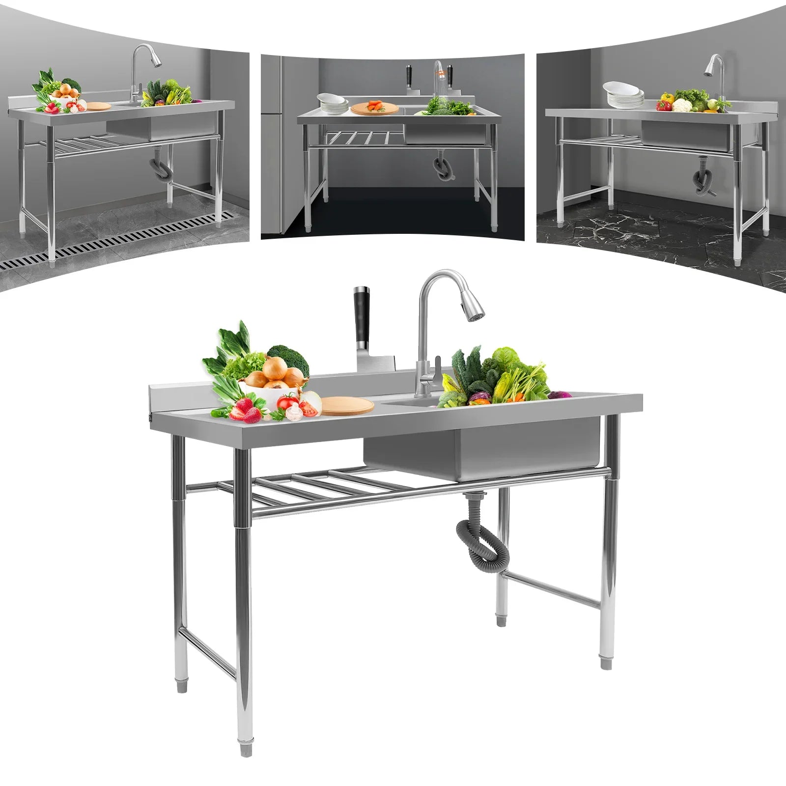 304 Stainless Steel Rectangle Sink,200kg Loading Commercial Kitchen Sink,120x60x80cm with Withdrawable Faucet,Sewer Pipe - Cooky Kitchenware