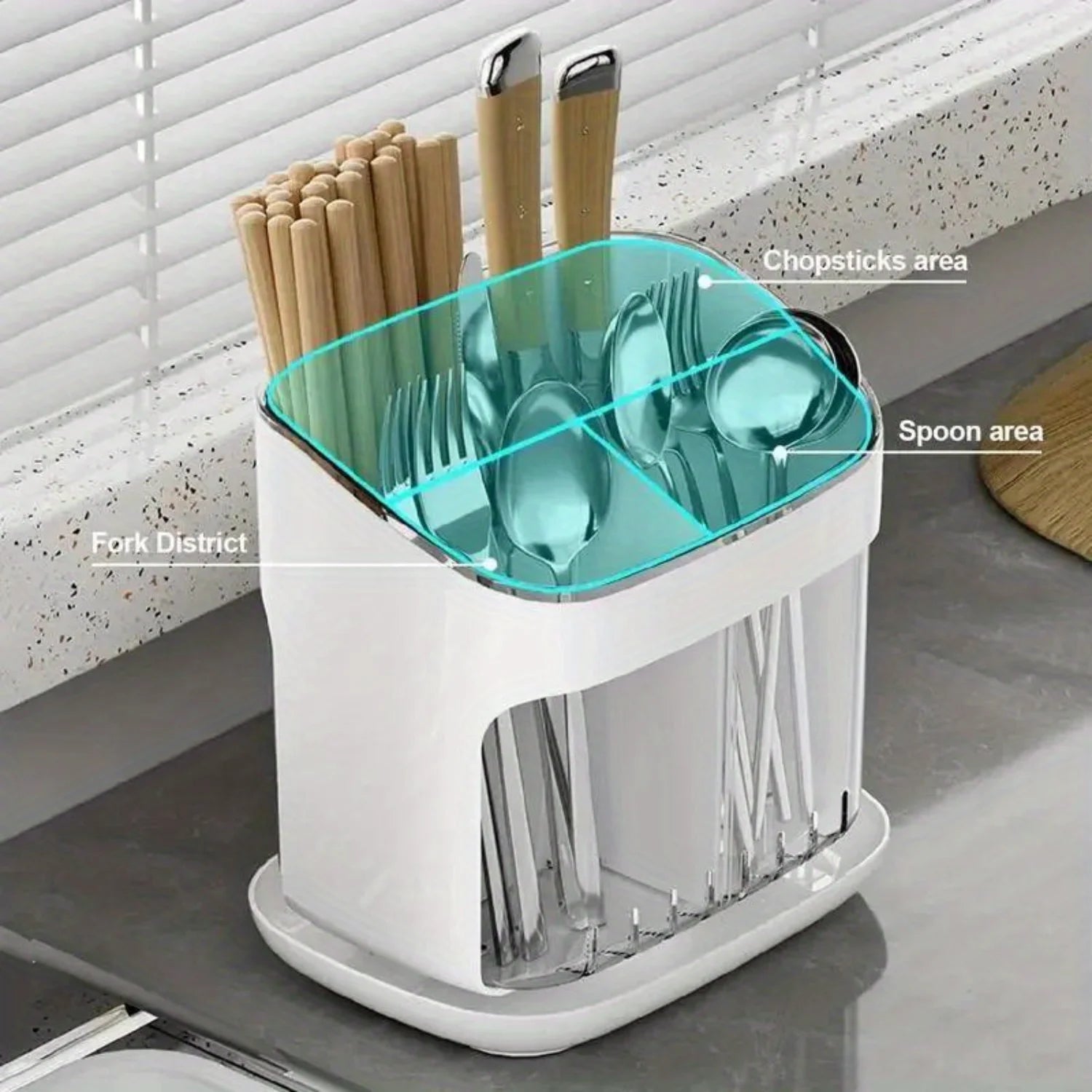 Countertop Plastic Utensil Holder - 3 Grids - Fork, Spoon, Chopstick - Detachable Kitchen Bucket - Organizers & Accessories - Cooky Kitchenware