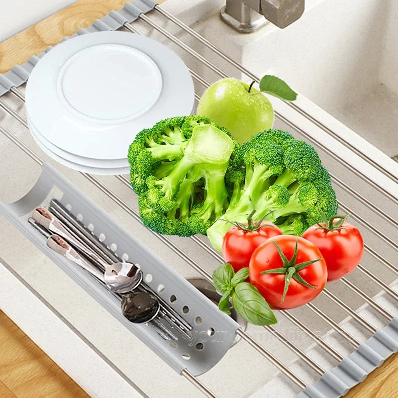 Kitchen accessories,Roll Up Dish Drying Rack 304 Stainless Foldable Sink Rack Shelf Kitchen Storage Organizer Bowl Plate Drainer