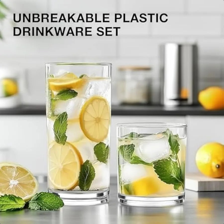 Plastic Drinking Glasses Set of 8 14oz Rocks and 20oz Water Cups Unbreakable Clear Glassware Kitchen Tumblers - Cooky Kitchenware