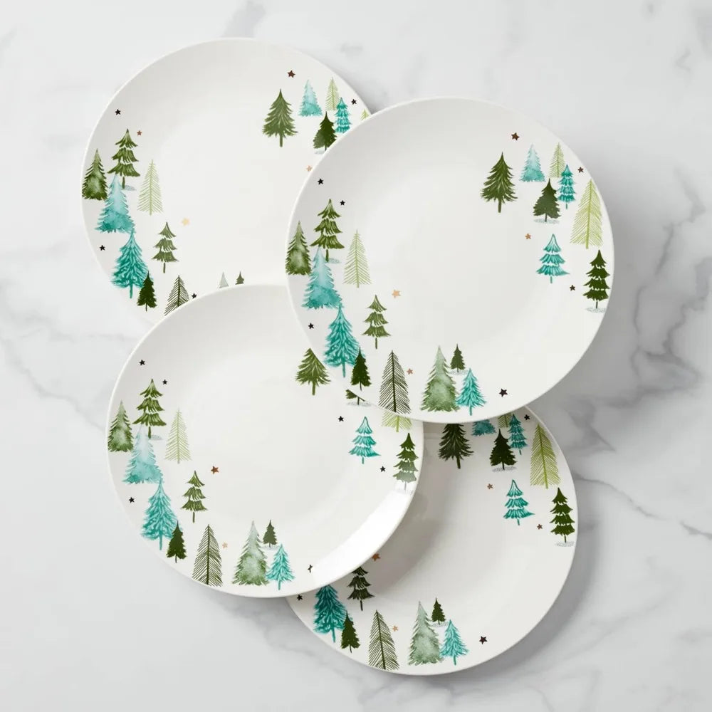 4-Piece Green Christmas Dinner Plate Set with Gold Accents, Dishwasher & Microwave Safe Porcelain