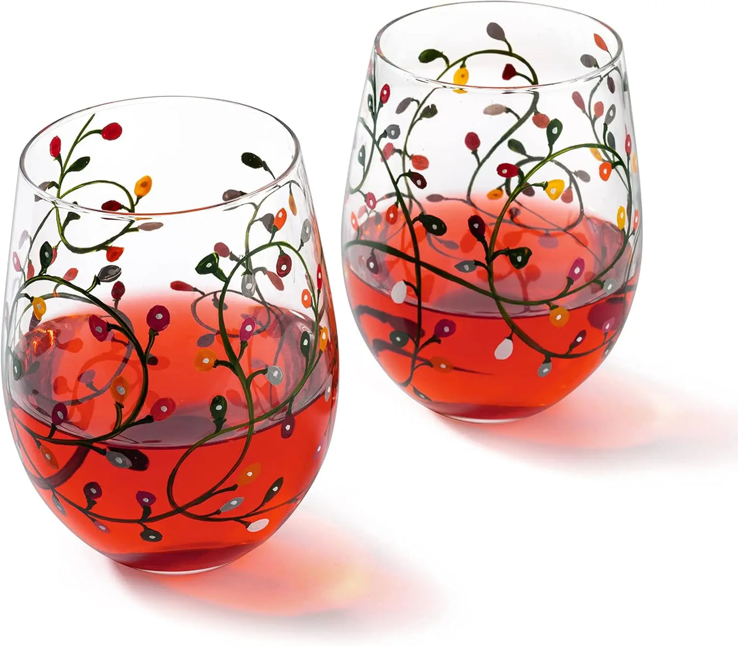 Winter Themed Lights Stemless Wine & Water Glasses - Artisanal Hand Painted Ornament Light Bulbs Glasses - Tree - Set of 2, 17.5