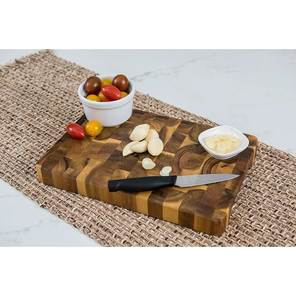 Acacia End Grain Chopping Block Cutting Board with Inset Handles Durable Kitchen Accessory Built-in Groove Easy Handling - Cooky Kitchenware