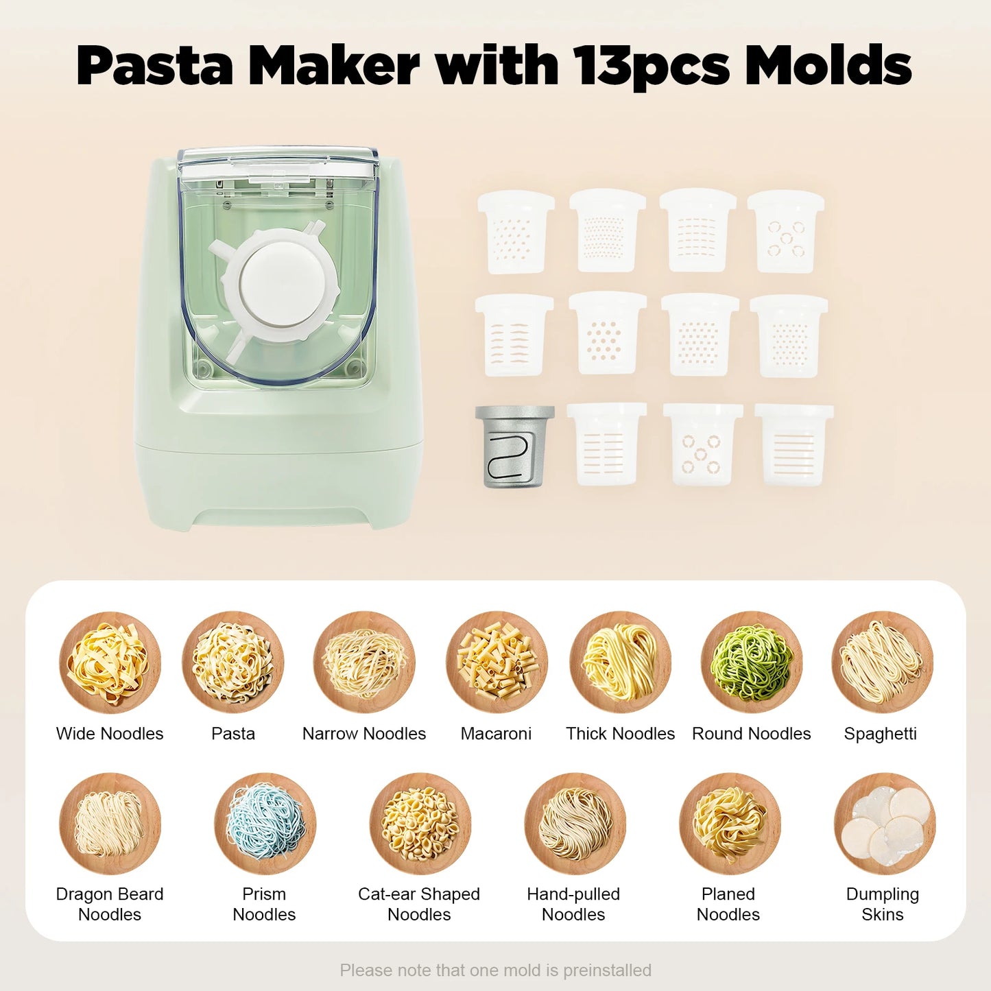 Electric Pasta Maker with 13 Molds Noodle Machine 110V Eco-Friendly ABS PC POM - Cooky Kitchenware