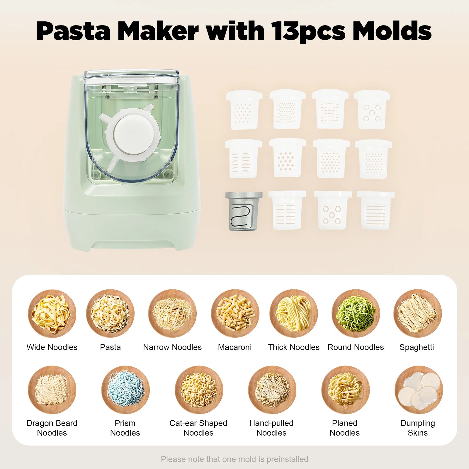 Electric Pasta Maker with 13 Molds Noodle Machine 110V Eco-Friendly ABS PC POM - Cooky Kitchenware
