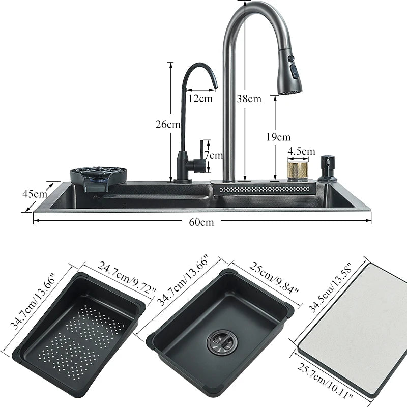 304Stainless Steel Waterfall Kitchen Sink Large Single Slot Integrated 60X45cm Faucet Set Soap Dispenser/Pure Water/Cup Washer - Cooky Kitchenware
