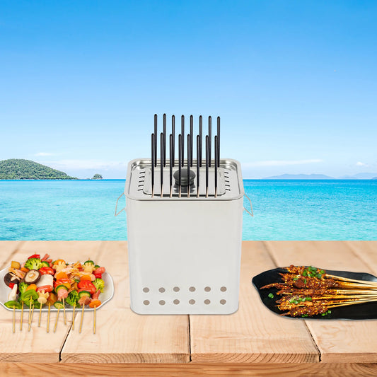 Portable Square BBQ Skewer Grill - 26 Skewers Capacity Stainless Steel Hanging Grill for Outdoor Cooking(9.4x7.09x11.8in,Silver) - Cooky Kitchenware