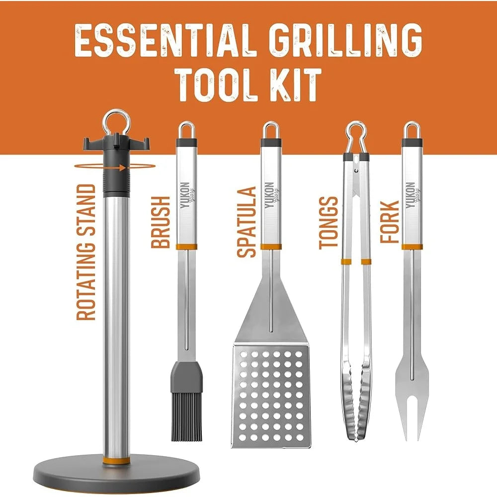 Stainless Steel BBQ Tool Set with Rotating Stand Drip Pan Spatula Tongs Fork Brush Durable Portable Easy Clean Grilling Kit - Cooky Kitchenware
