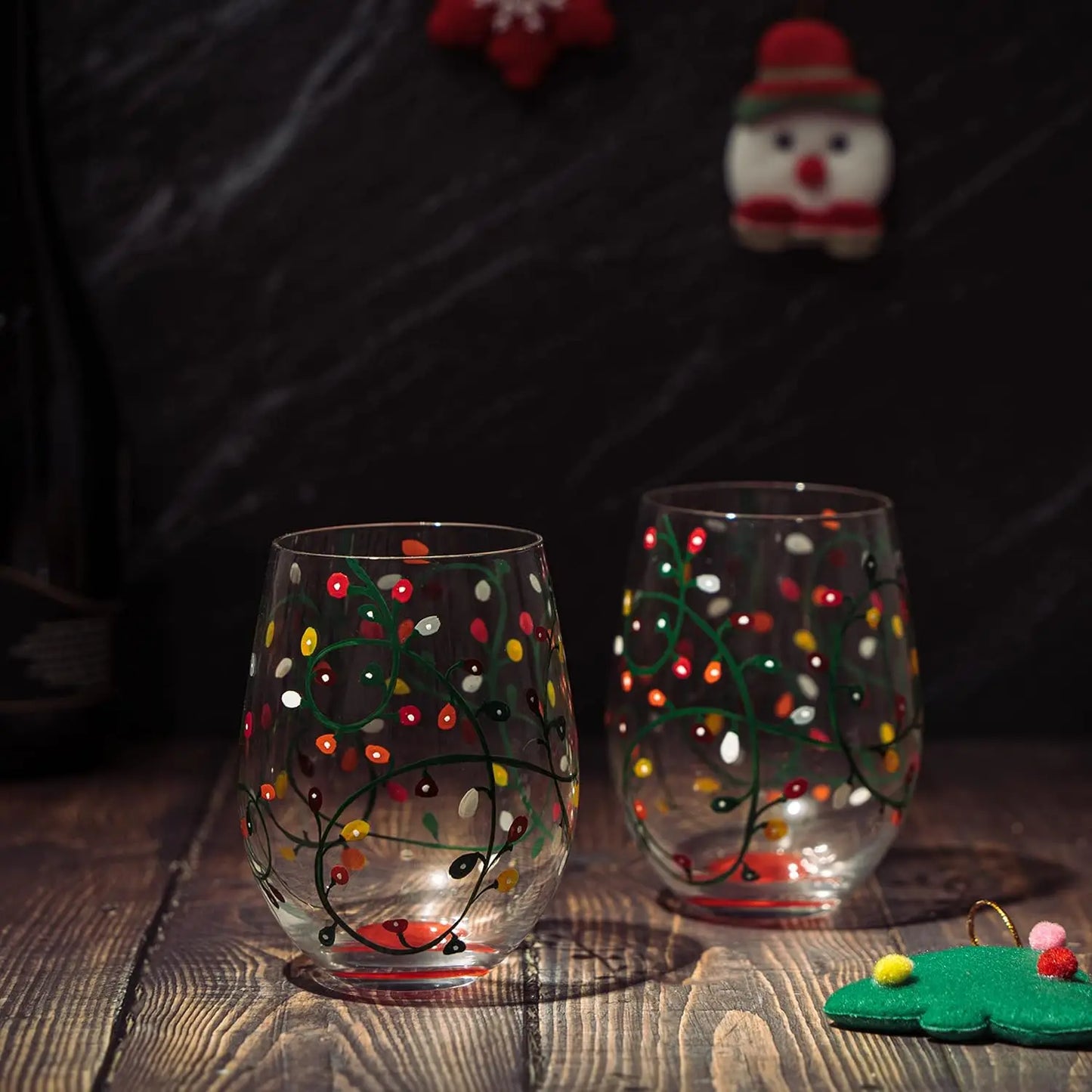 Winter Themed Lights Stemless Wine & Water Glasses - Artisanal Hand Painted Ornament Light Bulbs Glasses - Tree - Set of 2, 17.5