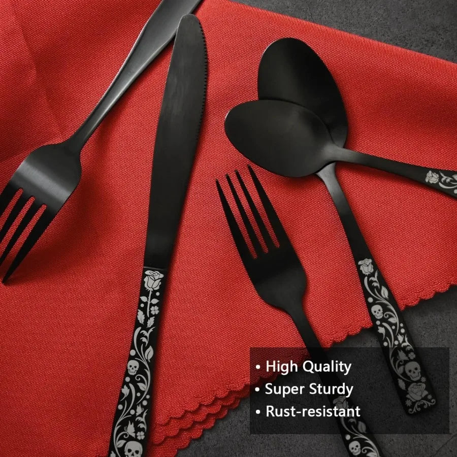 Matte Black Silverware Set 20 Piece For 4 Skull Rose Gothic