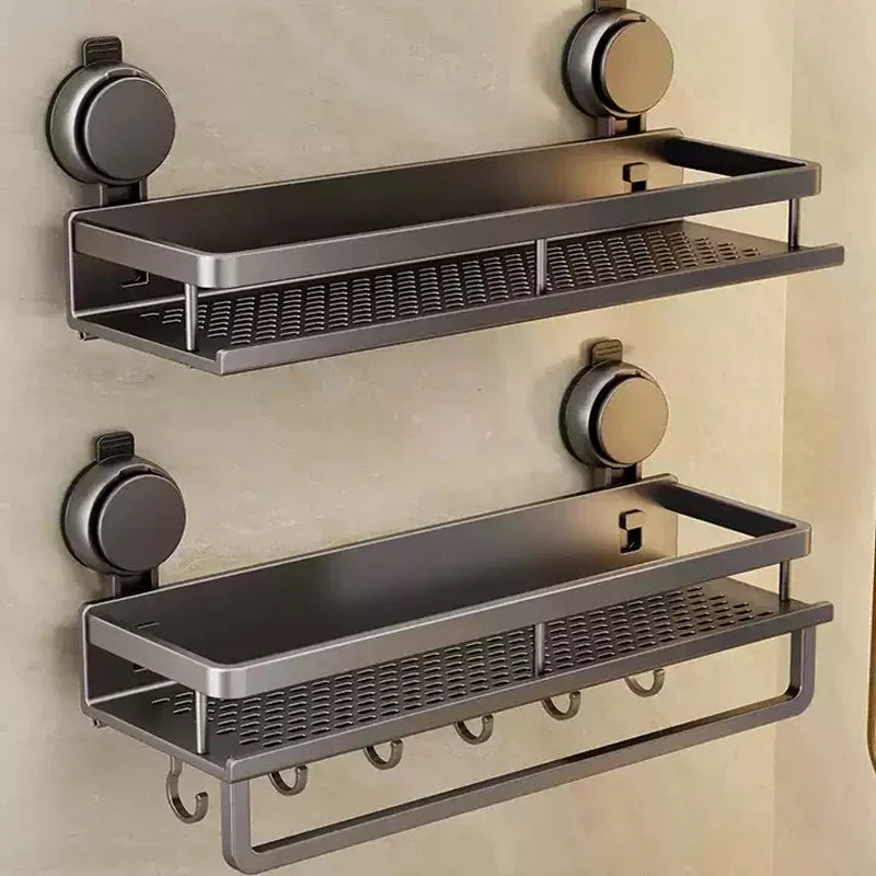 Suction Cup Mount Bathroom Shelf with Towel Holder Removable Hooks No Drill Hanging Bath Room Basket Shampoo Storage Rack Tray - Cooky Kitchenware