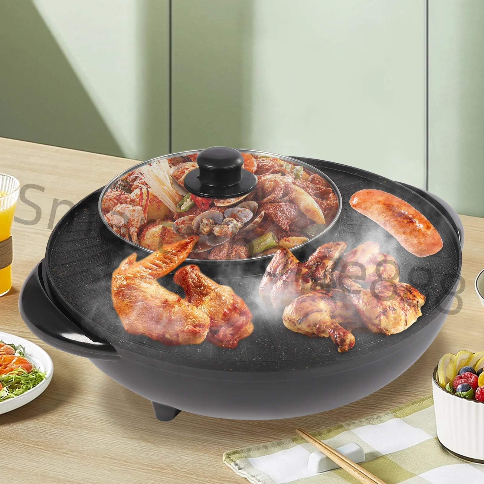 Electric Grill with Hot Pot Portable Round Barbecue Griddle Cookware Non Stick 2 in 1 Korean BBQ for Indoor Outdoor Camping - Cooky Kitchenware