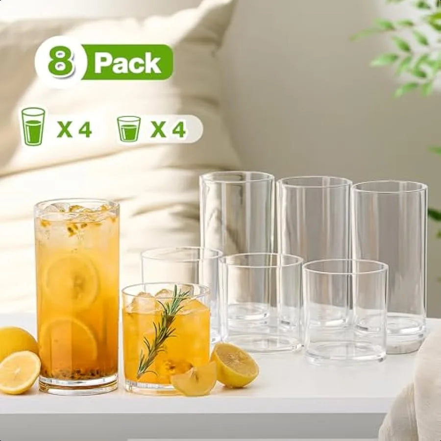 Plastic Drinking Glasses Set of 8 14oz Rocks and 20oz Water Cups Unbreakable Clear Glassware Kitchen Tumblers - Cooky Kitchenware