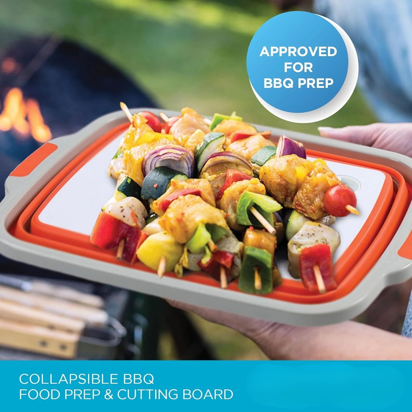 Collapsible Large BBQ Prep Tub w/Cutting Board, Multi-Function Grill Caddy w/Colander & Lid, Portable Silicone Dish Bowl