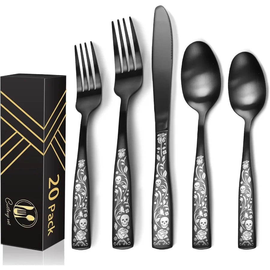 Matte Black Silverware Set 20 Piece For 4 Skull Rose Gothic