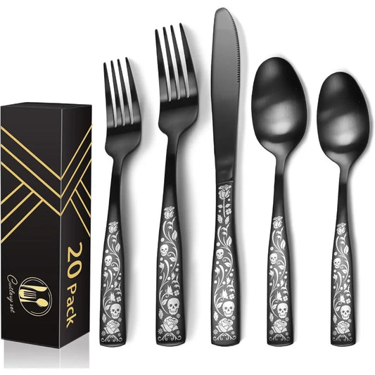 Matte Black Silverware Set 20 Piece For 4 Skull Rose Gothic