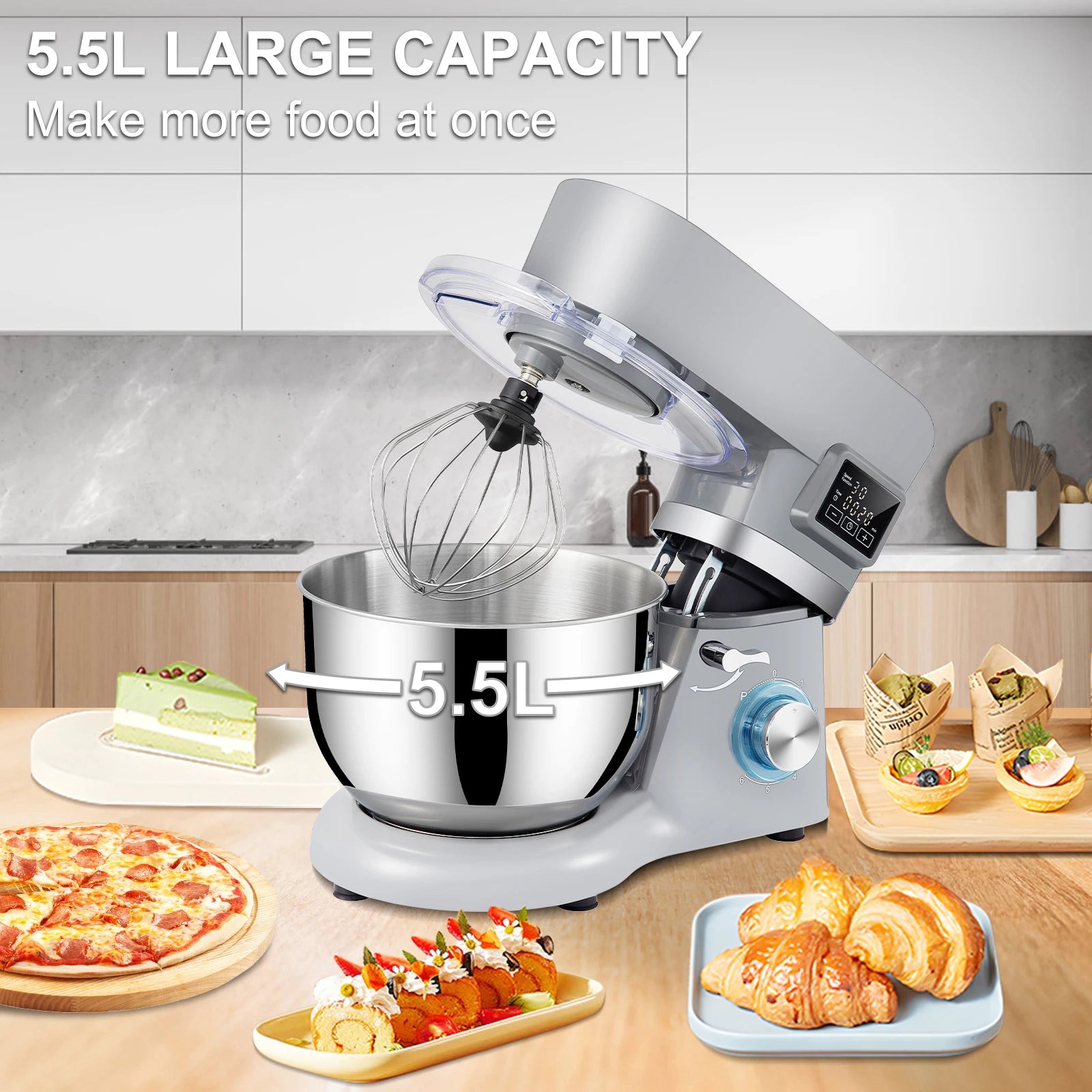 SucceBuy 5.5/7LElectric Stand Mixer with 6Speeds LCD Screen Timing Food Mixer Cream Egg Whisk Whip Dough Kneader With Steel Bowl - Cooky Kitchenware