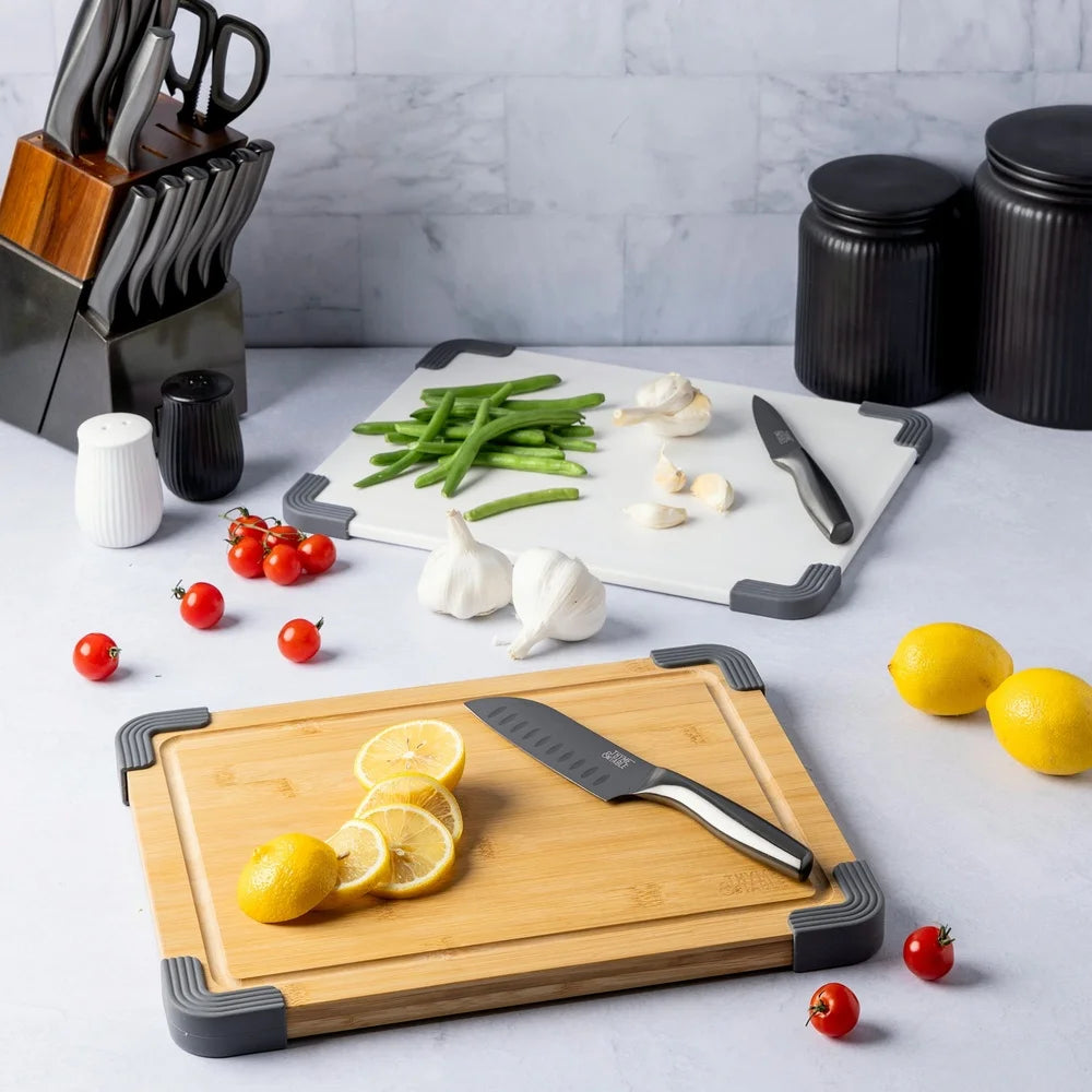 2-Piece 11x14 Cutting Board Set Poly Bamboo Non-Slip Juice Wells Durable Kitchen Prep Dual-Sided Use Blade-Friendly Surface - Cooky Kitchenware