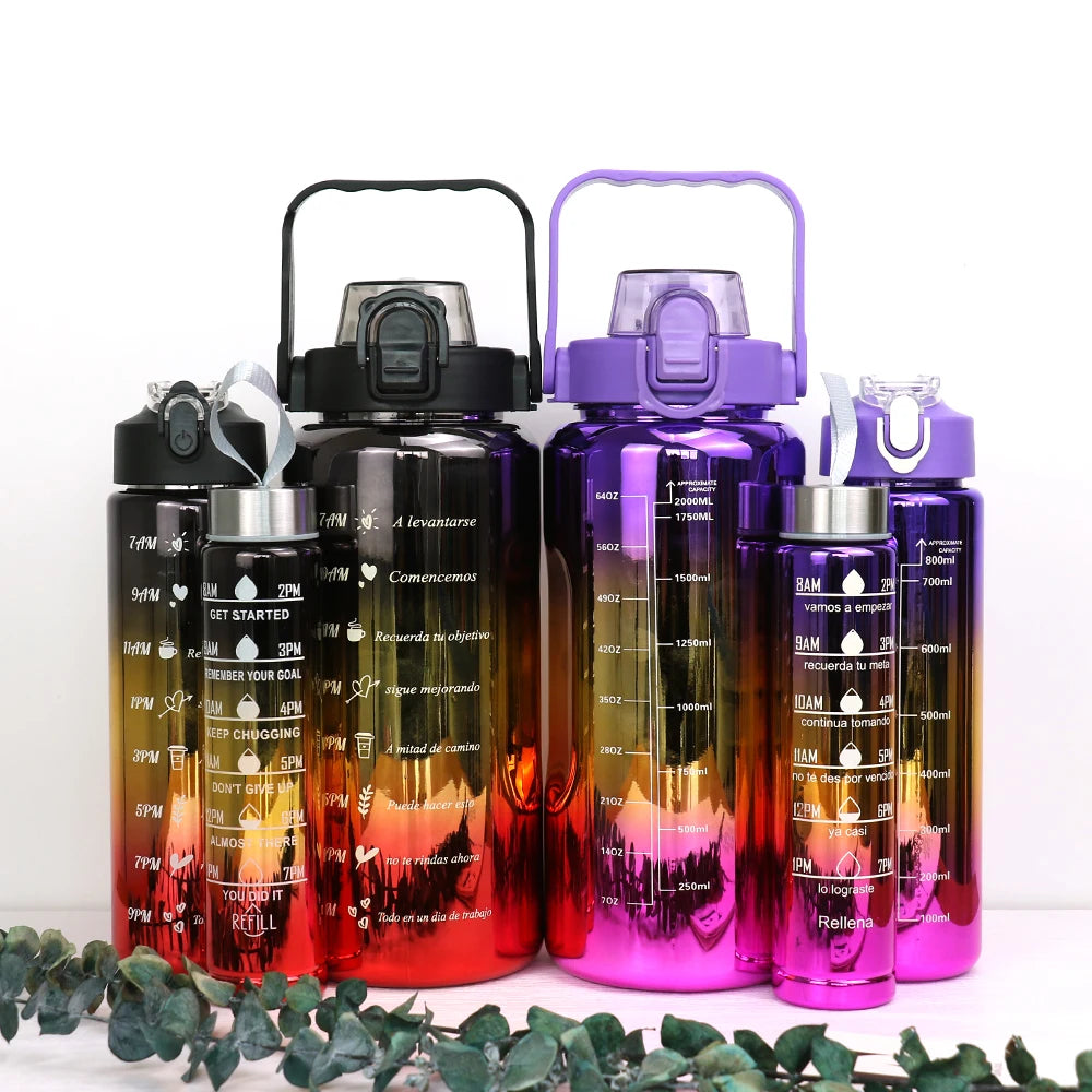 3pcs of leak proof electroplated gradient sports water bottles with straws and time markers - Perfect for offices, schools.
