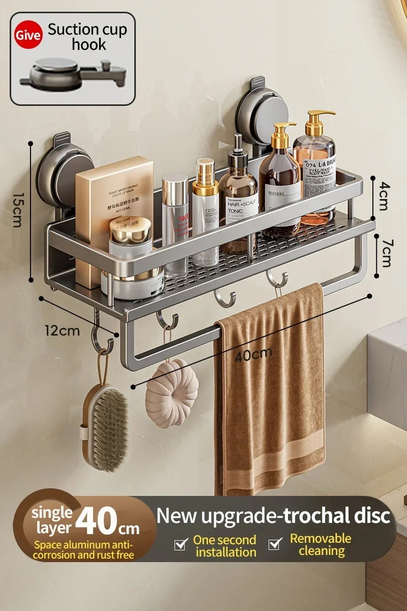 Suction Cup Mount Bathroom Shelf with Towel Holder Removable Hooks No Drill Hanging Bath Room Basket Shampoo Storage Rack Tray - Cooky Kitchenware