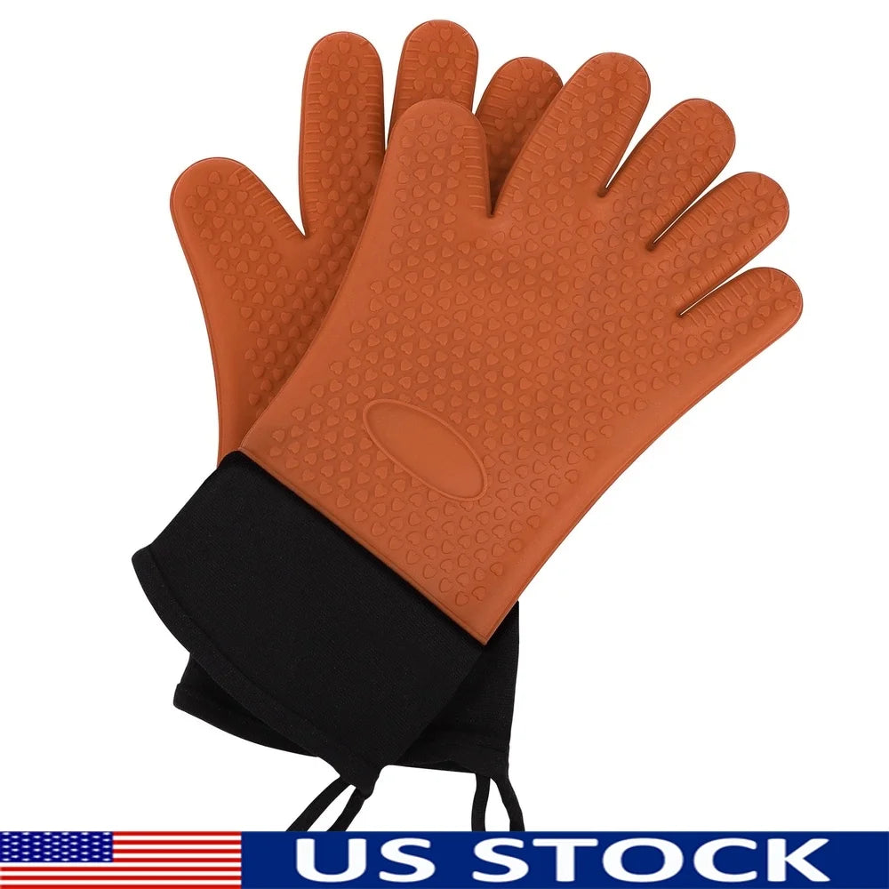Silicone Heat Resistant Oven Mitts Kitchen BBQ Grill Gloves Comfortable Anti-Scald Textured Non-Slip Ergonomic Design 1 Pair