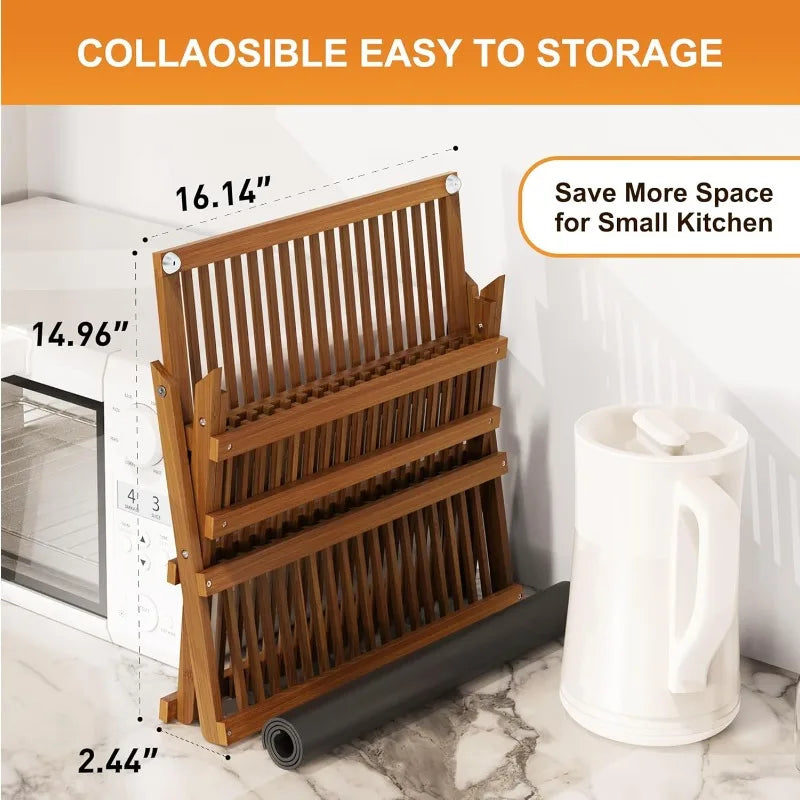 Teak Dish Drying Rack with Utensil Holder, 3 Tier Collapsible Dish Rack, Wooden Dish Racks for Kitchen Counter - Cooky Kitchenware