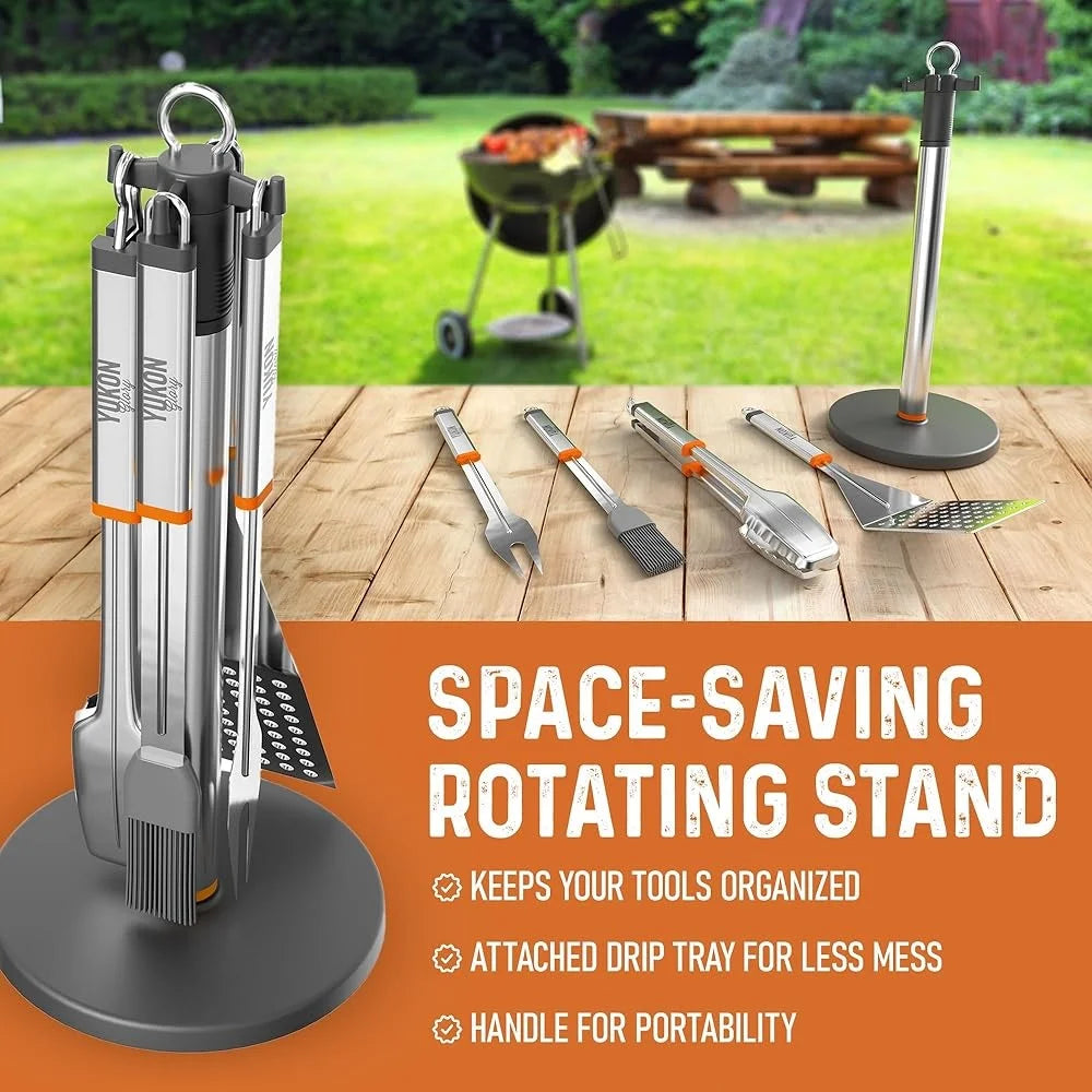 Stainless Steel BBQ Tool Set with Rotating Stand Drip Pan Spatula Tongs Fork Brush Durable Portable Easy Clean Grilling Kit - Cooky Kitchenware