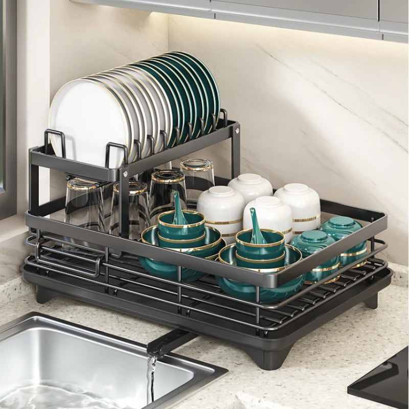 Dish Drying Rack for Kitchen Counter - Large Dish Rack with Drainboard, Adjustable Swivel SpoutRustproof Dish Drainer, Black - Cooky Kitchenware