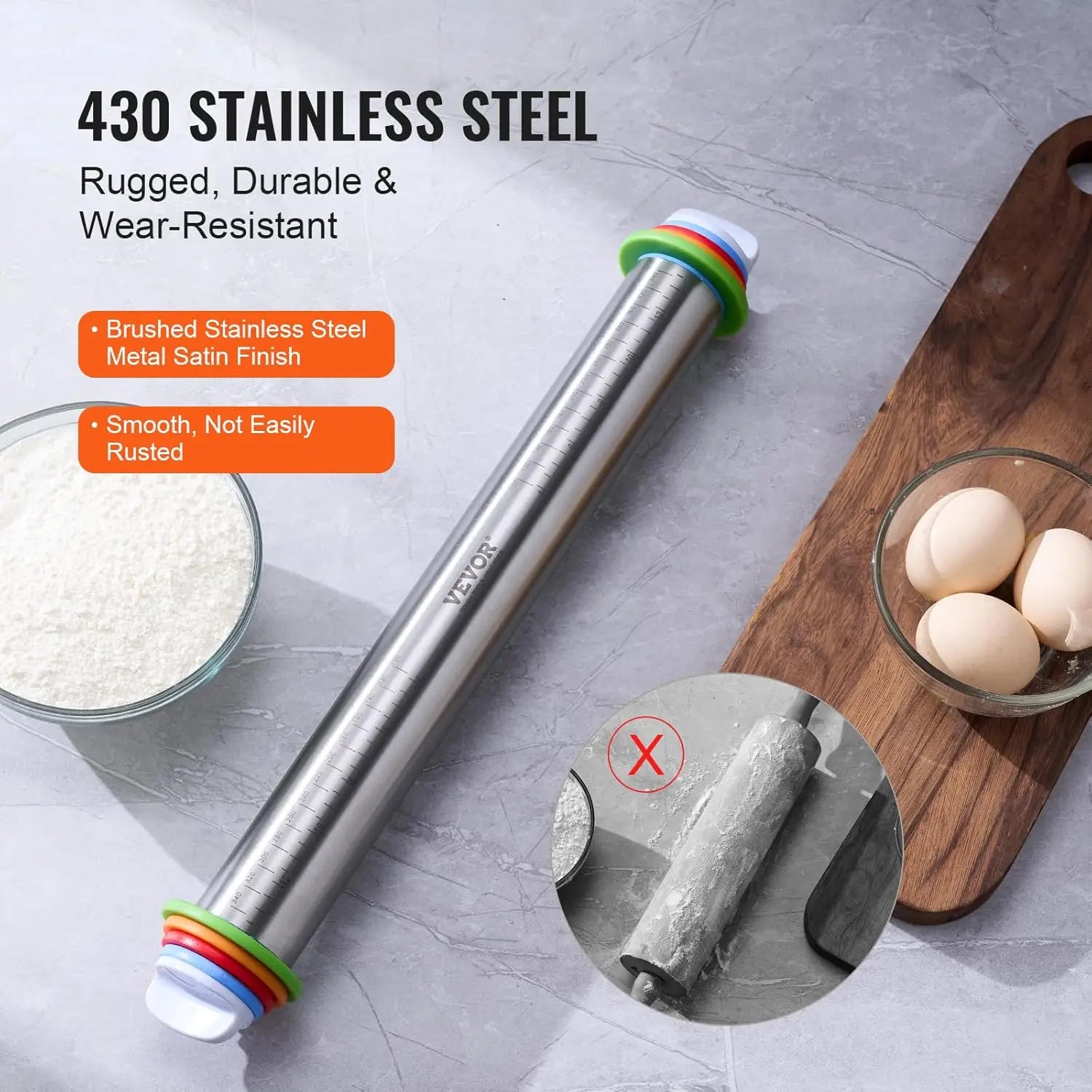 Rolling Pin with Thickness Rings and Nonstick Pastry Baking Mat Set for Fondant Pizza Pastry Pasta Dough and Cookies - Cooky Kitchenware