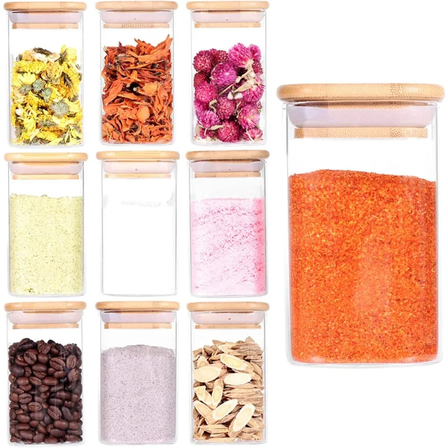 10 Pcs Glass Spice Jars 8oz Empty Square Spice Storage Containers with Bamboo Airtight Lid and Labels Thickened Small Glass Can