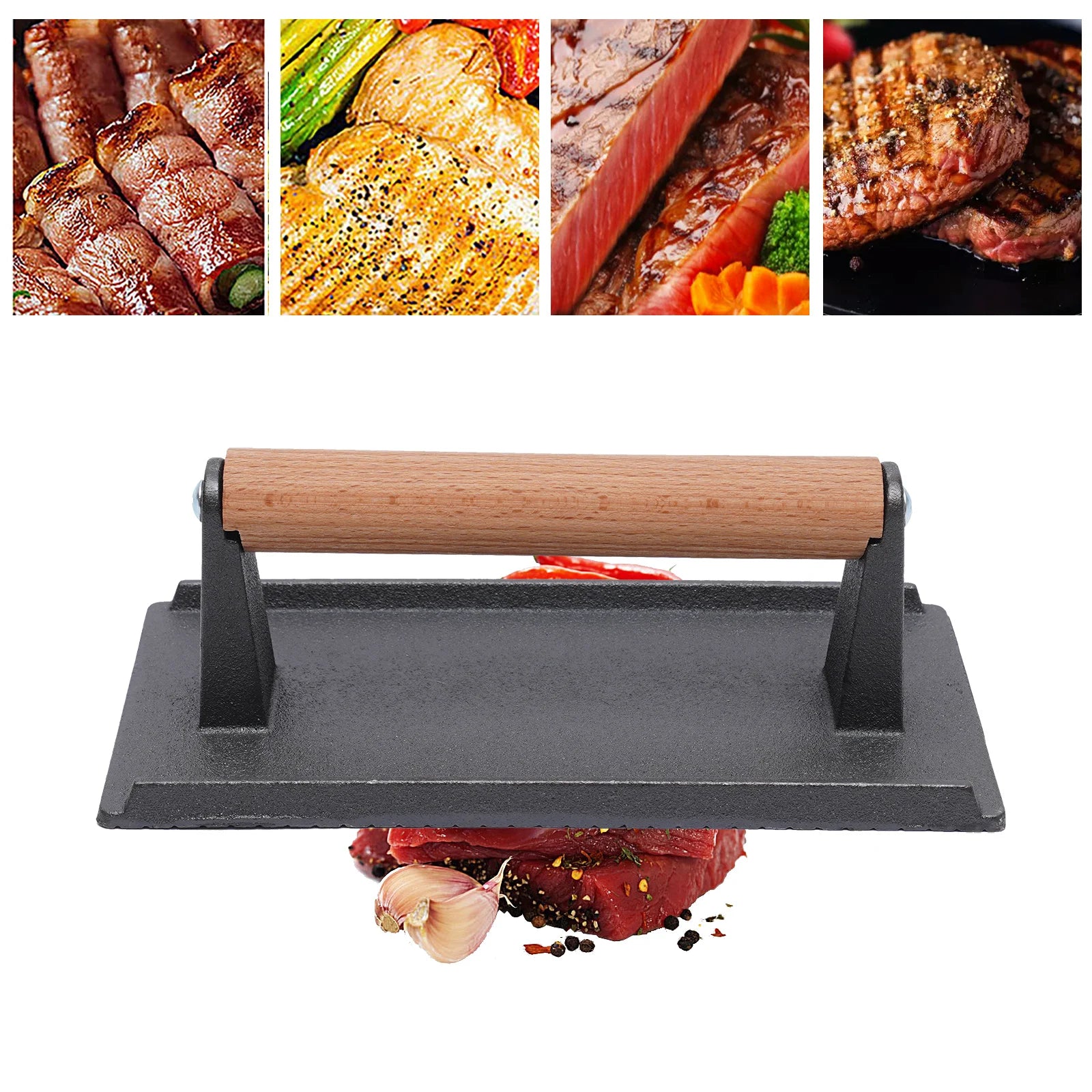 Kitchen Heavy Cast Flat Iron Steak Weight/Bacon Press with Wooden Handle Heavy-Weight Grill Press Commercial Grade Burger - Cooky Kitchenware